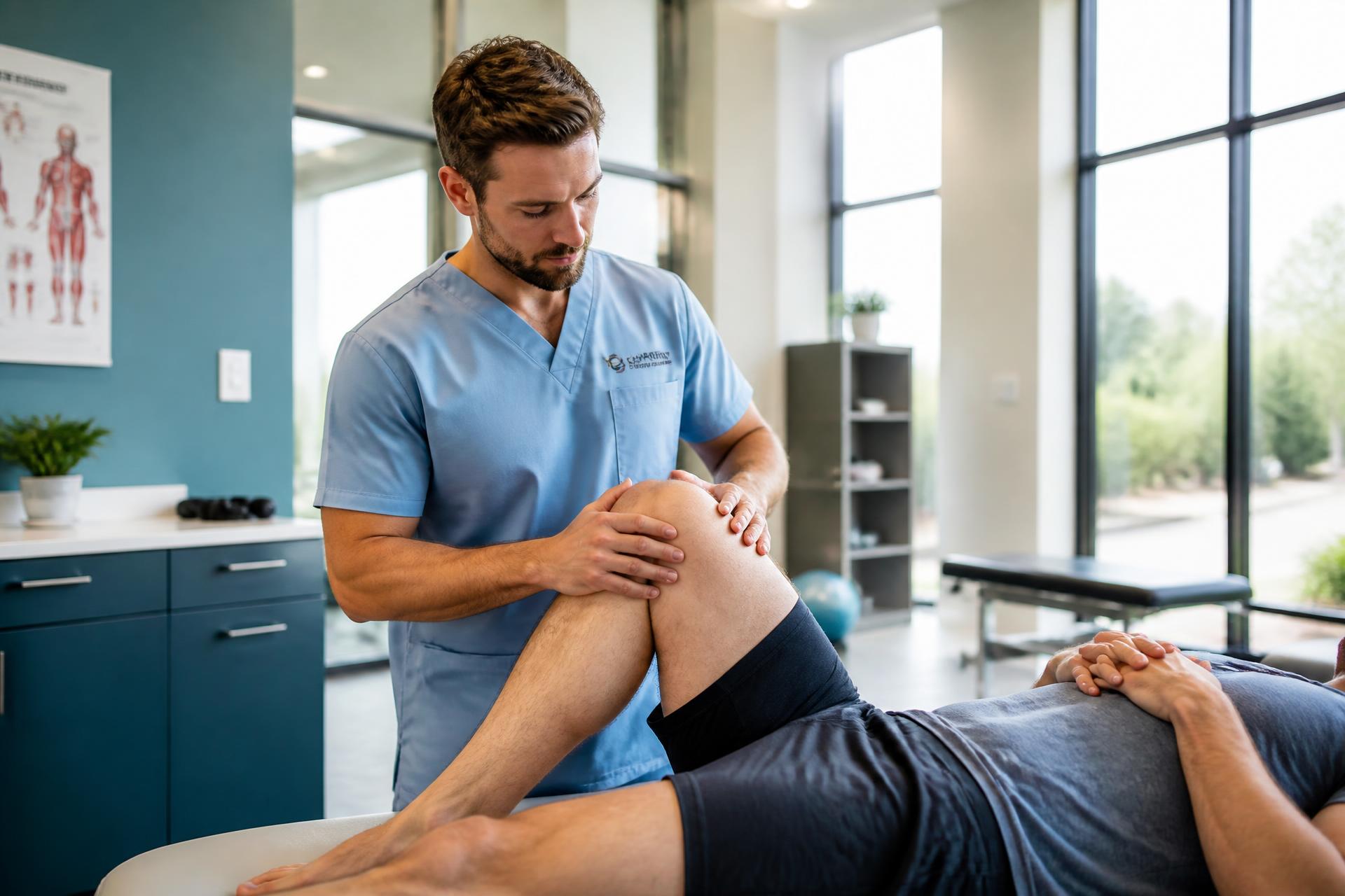 Physiotherapist at SS PHYSIOCARE treating a patient's knee during a rehabilitation session